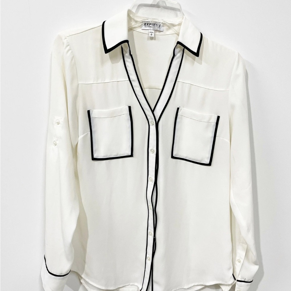 Express The Portofino Shirt Size S Small Ivory Black Trim Career Long Sleeve Top